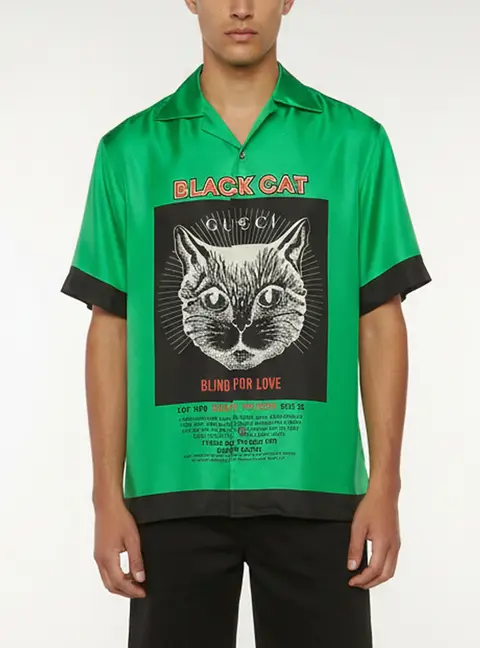 Gucci Green Cat Print Silk Bowling Short Sleeve Shirt S