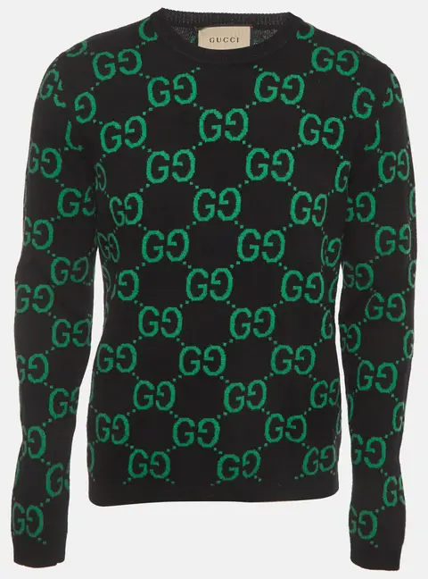 Gucci Black/Green GG Monogram Jacquard Knit Crewneck Pullover L