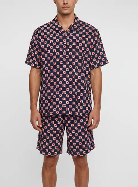 Gucci Blue/Red GG Monogram Print Silk Crepe Bowling Shirt and Shorts Set M/L