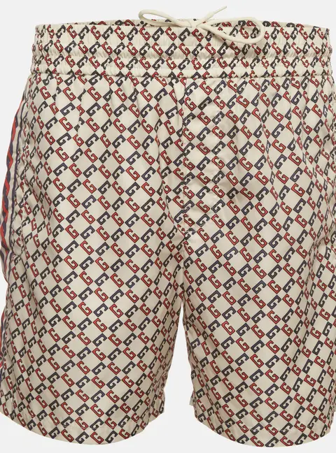 Gucci Cream Geometric G Print Nylon Swimwear Shorts M