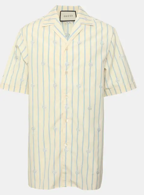 Gucci Light Beige Blue Stripe Poplin Short Sleeve Shirt XXL