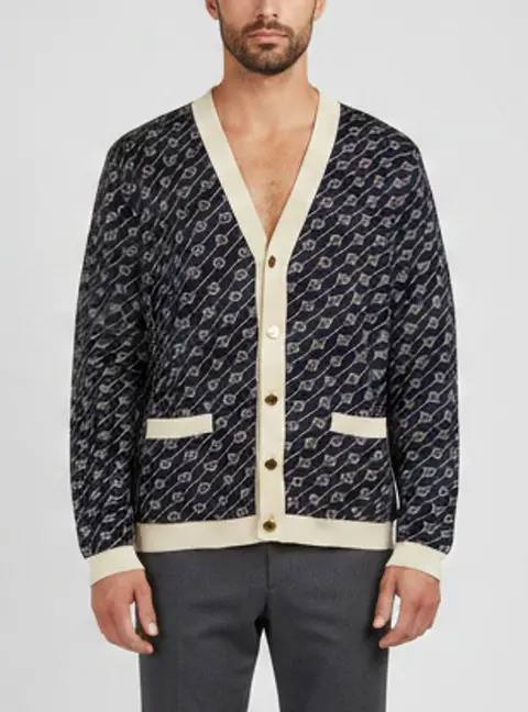 Gucci Navy Blue Diagonal Monogram Jacquard Knit Cardigan XXL