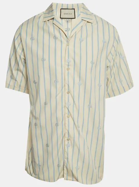 Gucci Yellow/ Blue Stripe Monogram Poplin Short Sleeve T-Shirt S