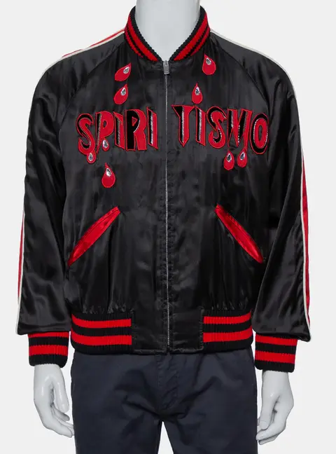 Gucci Black Satin Contrast Trim Spiritismo Applique Detail Bomber Jacket M