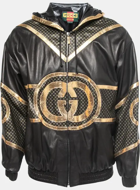 Gucci Dapper Dan Black & Gold Leather Logoed Hooded Jacket M