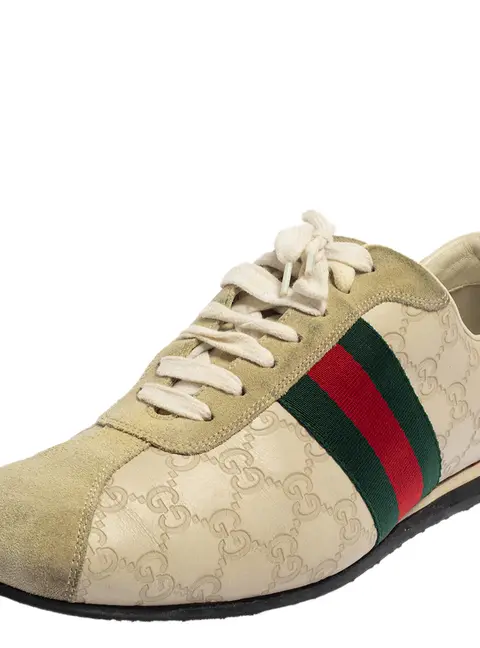 Gucci Cream Suede And Leather Web Low Top Sneakers Size 43.5