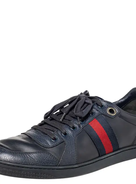 Gucci Size 44 Navy Blue Canvas, Leather and Patent Leather Low Top Sneakers