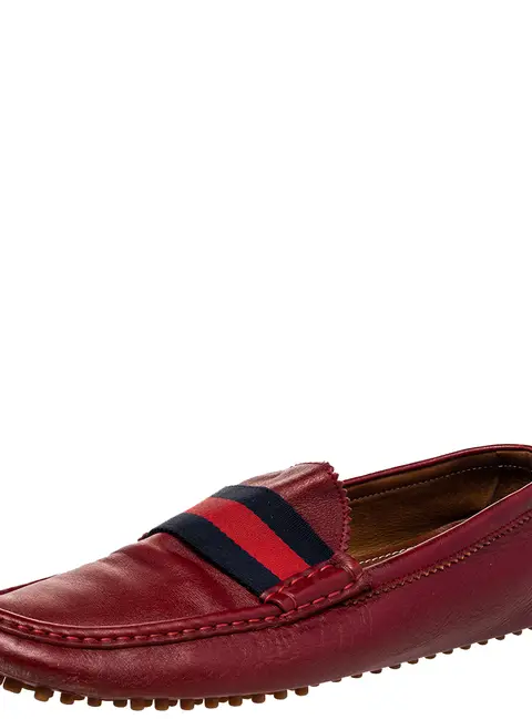 Gucci Red Leather Web Detail Slip On Loafers Size 43.5