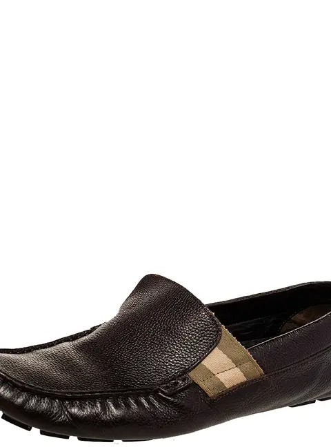 Gucci Brown Leather Web Detail Slip-On Loafers Size 43