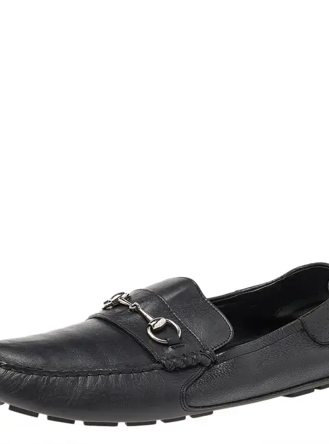 Gucci Black Leather Horsebit Slip On Loafers Size 46.5
