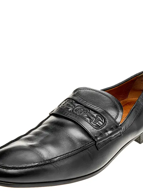 Gucci Black Leather Horsebit Embossed Slip On Loafers Size 44.5