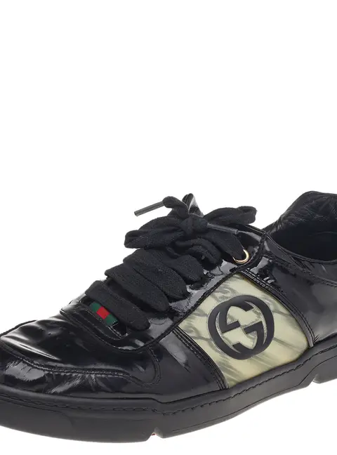 Gucci Black Patent Leather Interlocking G Hologram Logo Low Top Sneakers Size 41