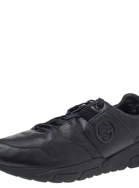 Gucci Black Leather GG Logo Low Top Sneakers Size 45.5
