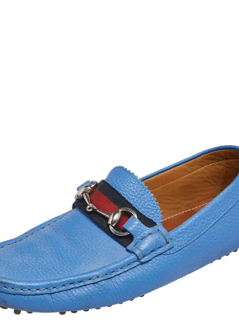 Gucci Blue  Leather Horsbit Web Trim Loafers Size 40