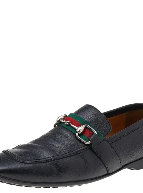 Gucci Black Leather Web Detail Loafers Size 40.5
