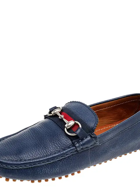 Gucci Blue Leather Horsebit Slip on Loafers Size 40