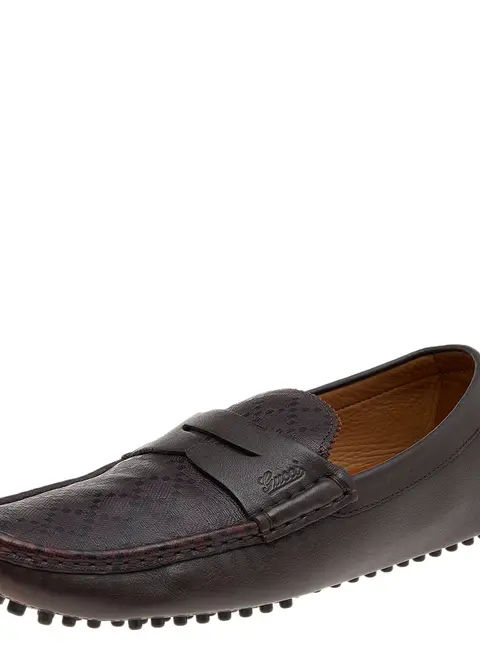 Gucci Dark Brown Diamante Leather Penny Slip On Loafers Size 42
