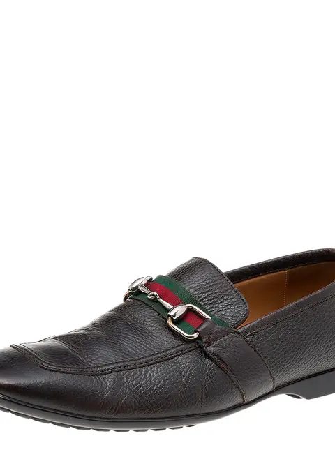 Gucci Dark Brown Leather Horsebit Web Slip On Loafers Size 41.5
