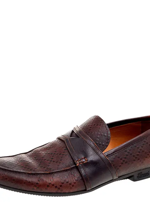 Gucci Dark Brown Hilary Diamante Embossed Leather Slip On Penny Loafers Size 43.5