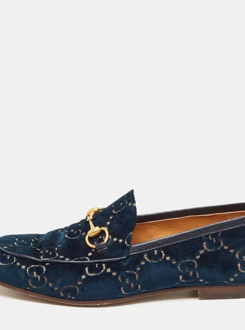 Gucci Navy Blue GG Velvet Jordaan Loafers Size 45