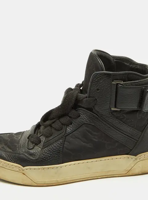 Gucci Black Leather and Nylon GG Guccissima High Top Sneakers Size 41