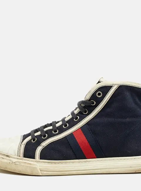 Gucci Navy Blue/White Canvas and Leather Web Detail High Top Sneakers Size 43