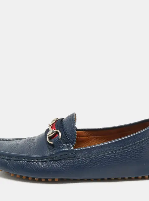 Gucci Navy Blue Leather Horsebit Loafers Size 40
