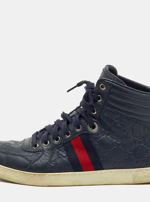 Gucci Navy Blue Guccissima Leather Web Detail High Top Sneakers Size 41.5