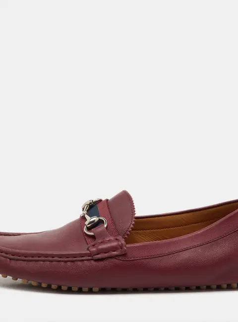 Gucci Burgundy Leather Web Horsebit Slip On Loafers Size 41