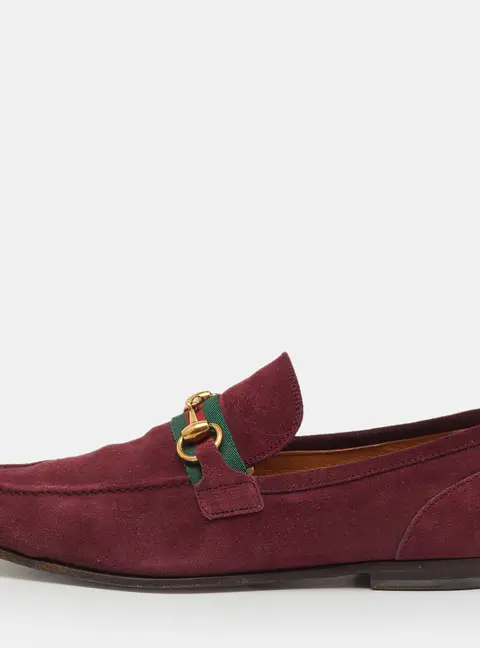 Gucci Burgundy Suede Web Horsebit Slip On Loafers Size 41