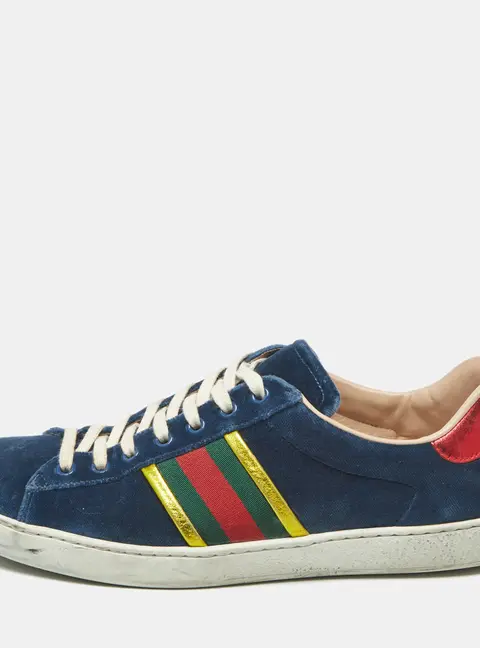 Gucci Blue Velvet And Leather Web Detail Low Top Sneakers Size 42.5