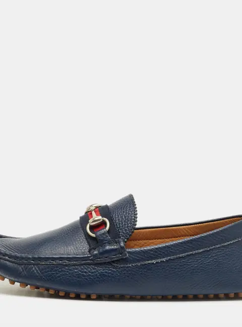 Gucci Navy Blue Leather Web Horsebit Loafers Size 42