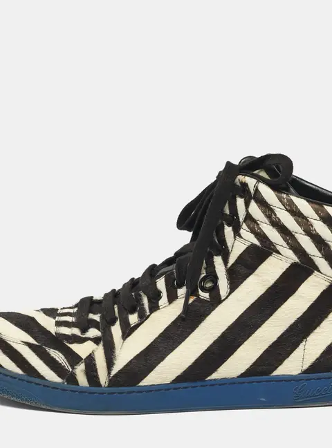 Gucci Size 44 Brown/White Calf Hair Zebra Print High Top Sneakers
