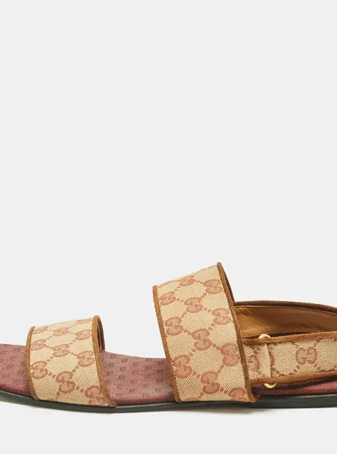 Gucci Beige/Brown GG Canvas and Suede Flat Slingback Sandals Size 43