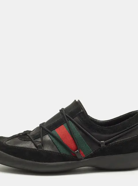 Gucci Black Leather and Suede Elastic Web Vintage Slip On Sneakers Size 42.5