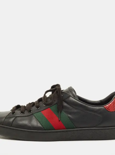 Gucci Ace Size 43 Black Leather and Python Embossed Web Lace Up Sneakers