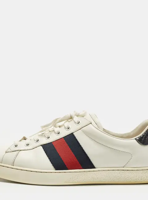 Gucci Ace Size 43 White Leather and Python Embossed Web Lace Up Sneakers