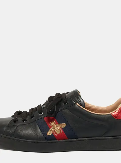 Gucci Ace Size 43 Black Python Embossed and Leather Web Low Top Sneakers
