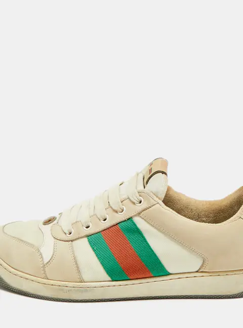 Gucci Screener Size 45 Beige Canvas and Nubuck Leather Web Low Top Sneakers