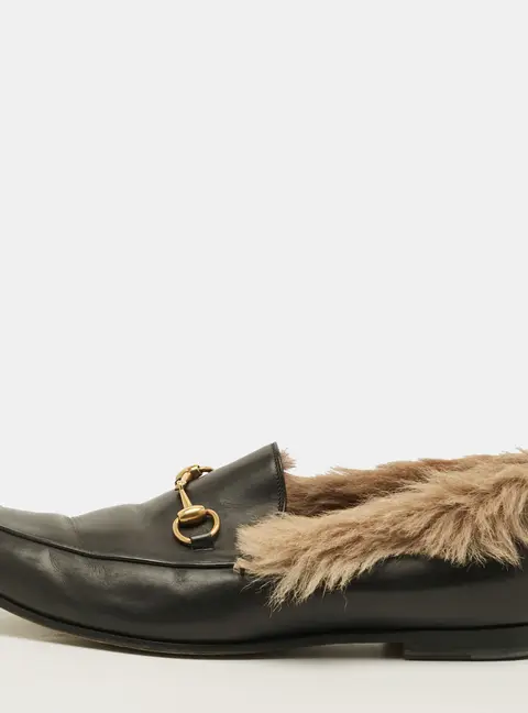 Gucci Princetown Size 44 Black Fur Leather Horsebit Slip On Loafers