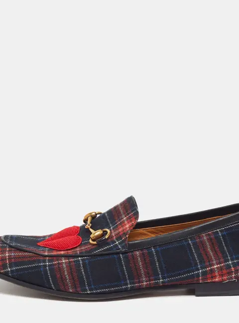 Gucci Horsebit Size 44 Multicolor Wool Plaid Motif Lips and Heart Loafers