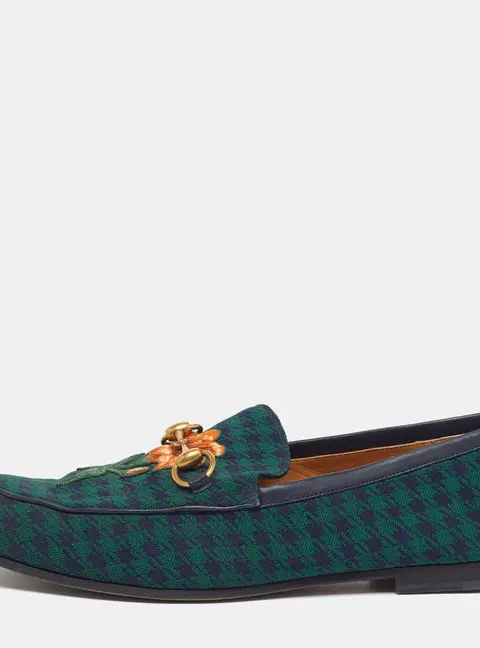 Gucci Horsebit Size 44 Green/Navy Blue Knit Fabric Flora Embroidered Loafers