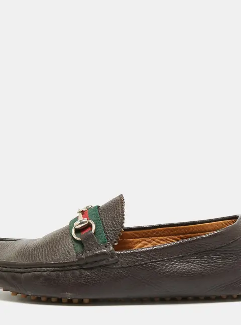 Gucci Web Size 43.5 Dark Brown Leather Horsebit Slip On Loafers