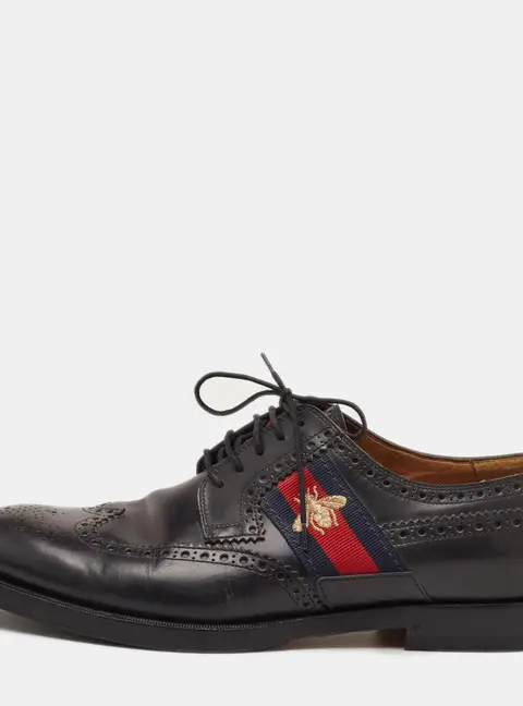 Gucci Web Bee Size 43.5 Black Leather Lace Up Wingtip Brogue Derby