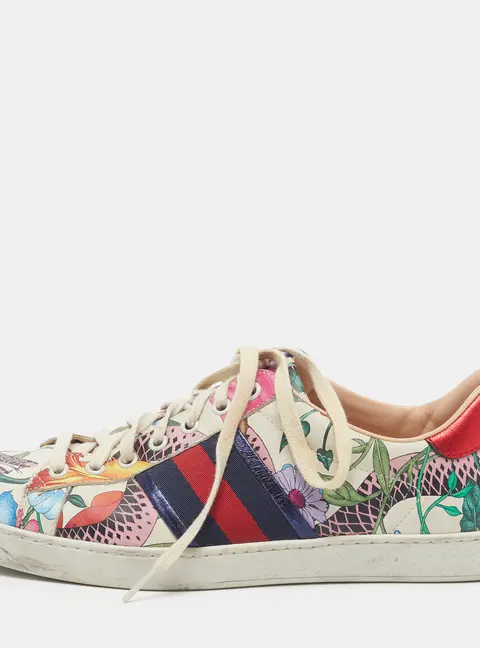 Gucci Ace Size 42.5 Multicolor Flower Print Leather Web Low Top Sneakers
