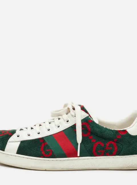 Gucci Ace Web Size 44 Green/White GG Terry Velvet and Leather Low Top Sneakers
