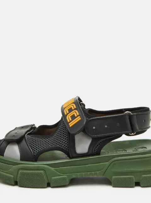 Gucci Sega Size 45 Black/Green Leather and Mesh Velcro Slingback Flat Sandals