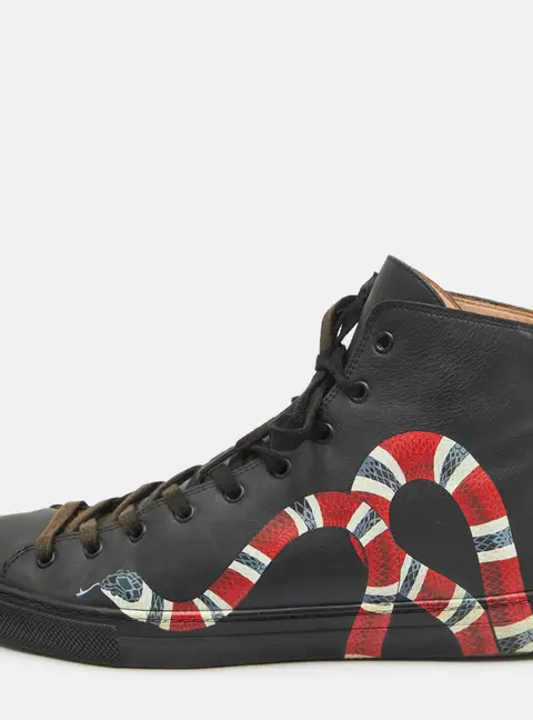 Gucci Size 45 Black Leather Kingsnake Print Lace Up High Top Sneakers