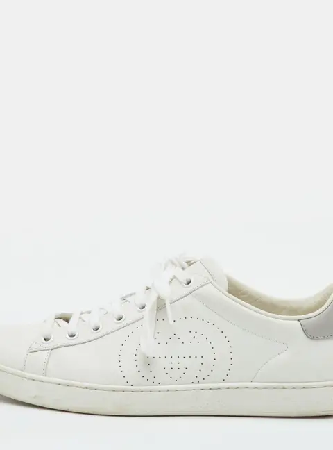 Gucci Ace Size 42 White Perforated Interlocking G Leather Low Top Sneakers