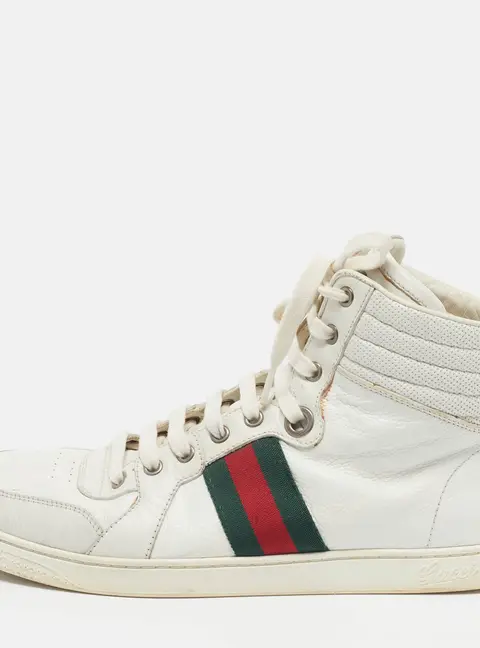 Gucci Web Size 42 White Leather High Top Sneakers